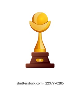 Golden award with ball for winners and heroes. Vector illustration of champions golden trophy. Cartoon sport game reward, best movie prize, luxury goblet isolated on white background. Victory, triumph