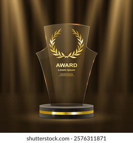 Golden award ceremony stage featuring glowing stars, luxurious laurel wreaths, and elegant gold ribbons. 3D realistic vector illustration showcasing a grand podium with prestigious background