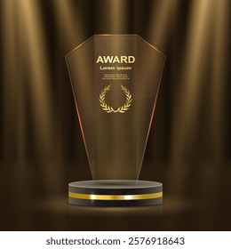 Golden award ceremony stage featuring glowing stars, luxurious laurel wreaths, and elegant gold ribbons. 3D realistic vector illustration showcasing a grand podium with prestigious background