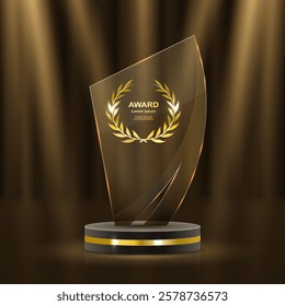 Golden award ceremony stage featuring glowing stars, luxurious laurel wreaths, and elegant gold ribbons. 3D realistic vector illustration showcasing a grand podium with prestigious background