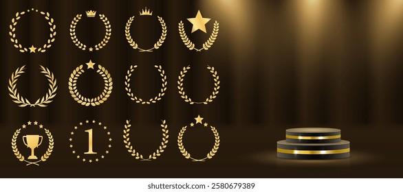 Golden award ceremony stage featuring glowing stars, luxurious laurel wreaths, and elegant gold ribbons. 3D realistic vector illustration showcasing a grand podium with glittering lights, light smoke,