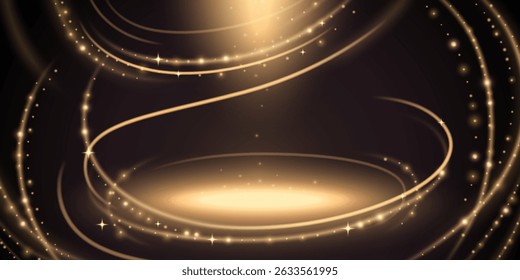 Golden award ceremony stage with glittering spiral lines and curves framing round podium. Shimmering particles and stars falling around empty pedestal. 3d luxury event, festive design on black bg.