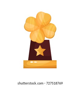 Golden award with clover leaf, trophy statuette cartoon vector Illustration on a white background