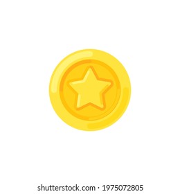 Golden award coin or medal with star sign in flat style. Vector illustration isolated on white background