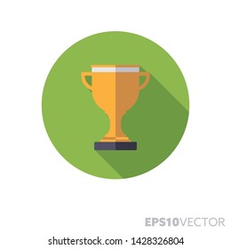 Golden award cup flat design round icon. Color symbol of success and championship. Long shadow vector illustration in a circle isolated on white background.