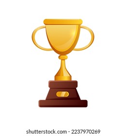 Golden award cup with handles for winners and heroes. Vector illustration of champions golden trophy. Cartoon sport game reward, best movie prize, luxury goblet isolated on white background. Victory