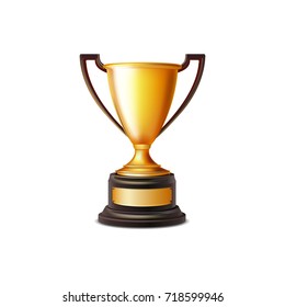 Golden award cup on stand and board for name place, with two handles vector illustration in realistic isometric design isolated on white background