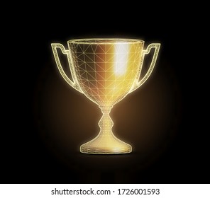 Golden award cup with polygonal grid on dark background. Vector 3d illustration