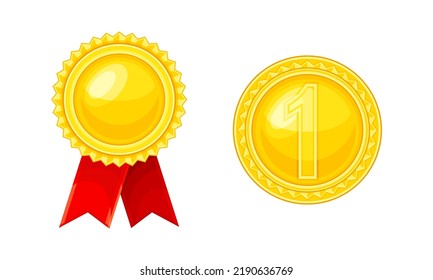 Golden Award or Distinction with Red Ribbon as Token of Recognition of Excellence Vector Set