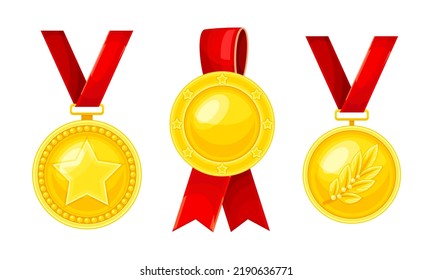 Golden Award or Distinction with Red Ribbon as Token of Recognition of Excellence Vector Set