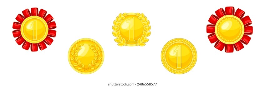 Golden Award or Distinction with Red Silk Ribbon as Token of Recognition of Excellence Vector Set