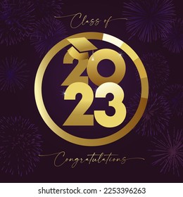 Golden award or icon design for graduation class of 2023. Banner concept. Prom invitation, greeting card elements. Handwritten style isolated text, graphic template. 20 23 gold medal, 3D square hat.