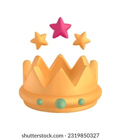 Golden award icon. Gold crown with stars reward for achievements or level up in online game. Three dimensional badge for apps and user interface. 3d vector illustration isolated on white background