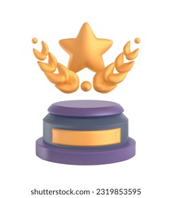 Golden award icon. Shining reward with gold star and wreath on podium for achievements in online game. Three dimensional prize for winners. 3d vector illustration isolated on white background