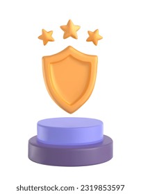Golden award icon. Three dimensional achievement with shield and stars as reward for leveling up in online game. Volumetric gold badge for apps. 3d vector illustration isolated on white background
