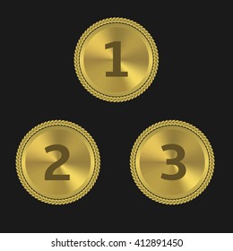 Golden award labels. First place. Second place. Third place. Podium signs