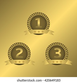 Golden award labels. First second third places, Golden laurel wreaths