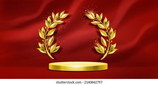 Óscar laurel de oro podio de corona, fondo de premio vector, cortina roja, escenario de victoria 3D. Banner de la ceremonia del campeonato, el peatón del círculo de clasificación, concepto del primer lugar. Diseño de podio Laurel