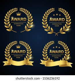 Golden award laurel wreath set. Winner label, leaf symbol victory. Vector illustration