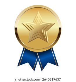 Golden award medal with blue ribbons and star for sport and games