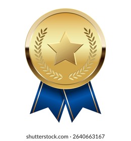 Golden award medal with blue ribbons and star for sport and games