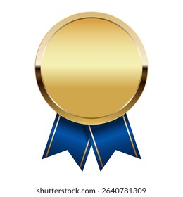 Golden award medal with blue ribbons for sport and games