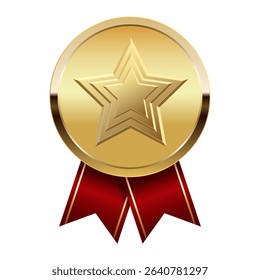 Golden award medal with red ribbons and star for sport and games