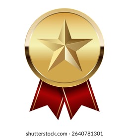 Golden award medal with red ribbons and star for sport and games