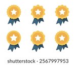 Golden award medal with ribbons icon in flat design. Rosette badge with star color sign symbol