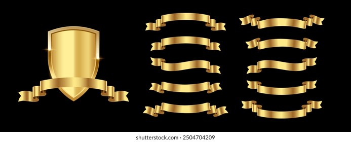 Golden award metal shield and ribbons of different shapes on black background vector illustration set. Realistic recognition emblem, winners trophy, medieval ammunition, war trophy, heraldic symbol.