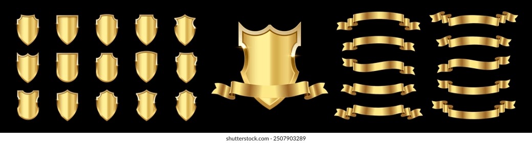 Golden award metal shields and ribbons of different shapes on black background vector illustration set. Realistic recognition emblem, winners trophy, medieval ammunition, war trophy, heraldic symbol.