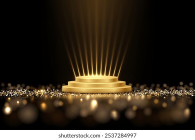 Golden award podium. Empty gold three-level stage with glowing light rays on glitter floor. Luxury product presentation, glamour design beauty industry. Vector illustration on black.