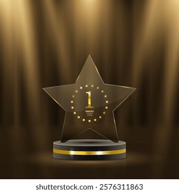 Golden Award Podium with Laurel Wreaths and Glowing Stars – 3D Realistic Vector Illustration for Ceremony, Championship, and Leadership Recognition on Dark Background with Glitter and Smoke Effects.