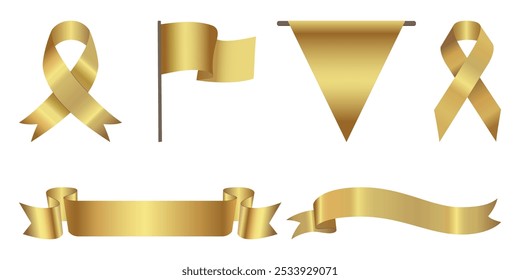 Golden award ribbon banners for text. Blank Gold award Ribbon Collection Pack Template. Ribbon loop, flag. Collection of Different Empty Gold Ribbon and Label Design. Various shapes