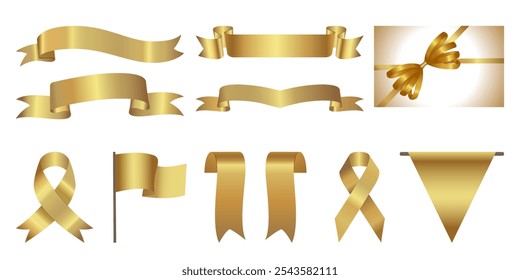 Golden award ribbon banners for text. Band for text, ribbon loop. Gift Card WithGolden Ribbon And A Bow, Label Design. Blank Gold award Ribbon Collection Pack Template. Vector of various shapes
