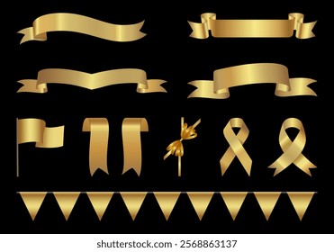 Golden award ribbon banners for text. Blank Gold award Ribbon Collection Pack Template. Collection of Different Empty Gold Ribbon and Label Design. Set of gold ribbons and banners on black background.