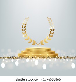 Golden award round podium with laurel wreath, shiny glitter and sparkles isolated on light background. Vector realistic illustration of symbol of victory, achievement of success, rewarding of winner