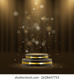 Golden award scene evokes glamour and achievement. Shining round platform perfect for product display. Stair steps lead toward bright center spotlight. Medal ribbons drape elegantly across victory