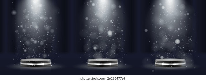 Golden award scene evokes glamour and achievement. Shining round platform perfect for product display. Stair steps lead toward bright center spotlight. Medal ribbons drape elegantly across victory