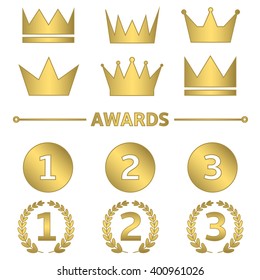 Golden award set. First, second and third place symbols with laurel wreath. Crown set