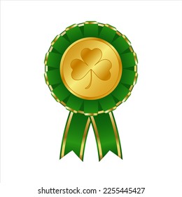 Golden award with shamrock and green ribbon isolated on white background. St. Patrick's Day medal, Irish symbol of good luck. Vector illustration.