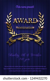 Golden Award Sign With Laurel Wreath And Ribbon Isolated On Blue Curtain Background. Vector Vertical Award Ceremony Invitation Template