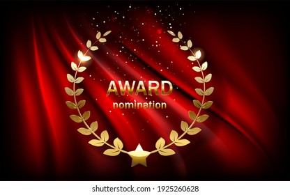 Golden Award Sign With Laurel Wreath Isolated On Red Curtain Background. Vector Award Design Template