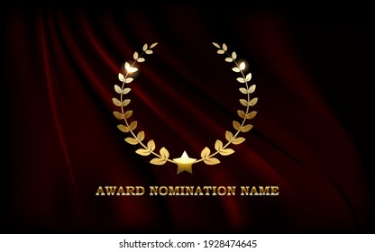 Golden award sign with laurel wreath and ribbon isolated on red curtain background. Vector horizontal award ceremony invitation template
