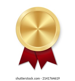 Golden award sport medal for winners with red ribbon