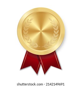 Golden award sport medal for winners with red ribbon