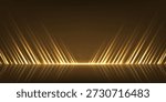 Golden award stage background. Angled light beams rising from glowing horizon with sparkling particles and reflective surface. Elegant luminous luxury backdrop for presentation. Vector illustration.