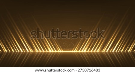 Golden award stage background. Angled light beams rising from glowing horizon with sparkling particles and reflective surface. Elegant luminous luxury backdrop for presentation. Vector illustration.