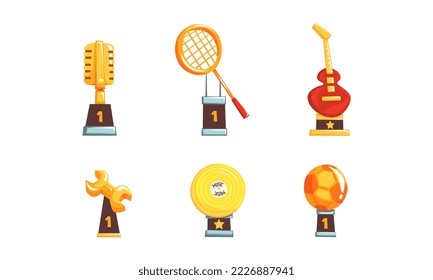 Golden Award Statuette as Music, Sport and Work Trophy and Prize Vector Set