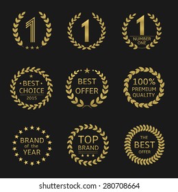 Golden Award Symbols. Brand Of The Year, Best Choice, Best Offer, Top Brand, 100% Premium Quality